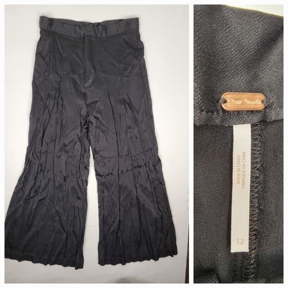 Free People Straight Wide Leg Pants 12 Ankle Crop Black Flowy Boho Office Siren